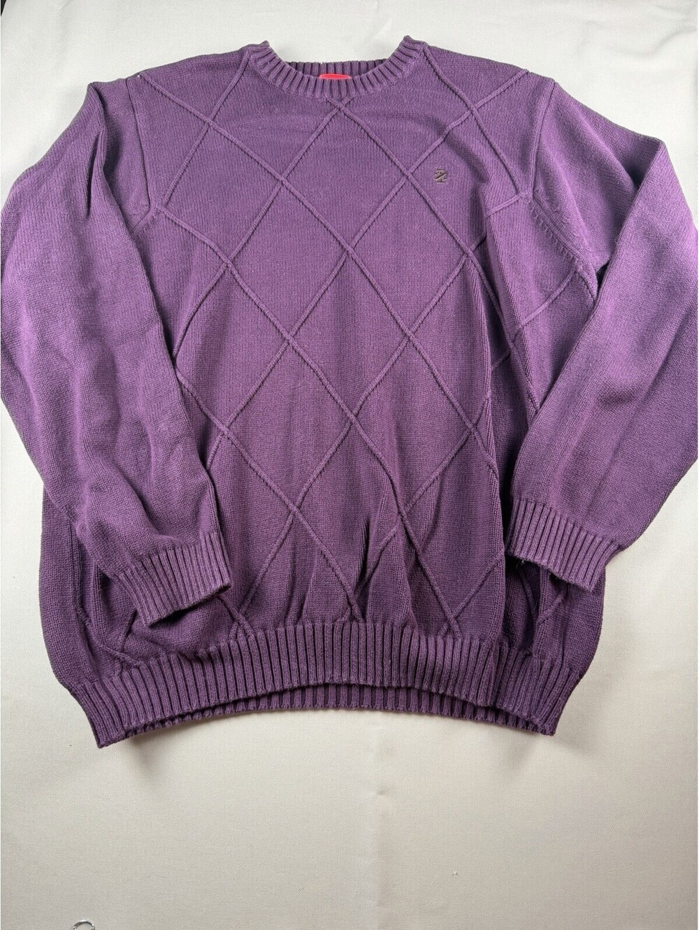 IZOD Women's Purple 100% Cotton Knit Crew Neck Argyle Pullover Sweater Size L
